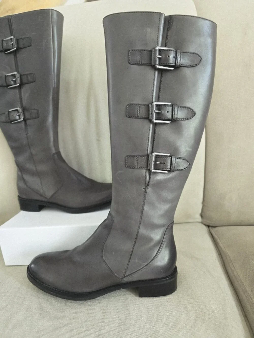 Ecco Hobart Grey Buckle Tall Riding Boots 37 6 6.5 Womens Shoes Zip Knee High